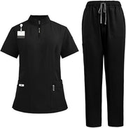 Set di pulitori - Collo rialzato - Cintura a zip - Pantaloni yoga stretch - Uniforme di cura medica - Quattro tasche - Materia di resistenza all'ammaccatura - Uniforme medico