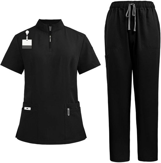 Set di pulitori - Collo rialzato - Cintura a zip - Pantaloni yoga stretch - Uniforme di cura medica - Quattro tasche - Materia di resistenza all'ammaccatura - Uniforme medico