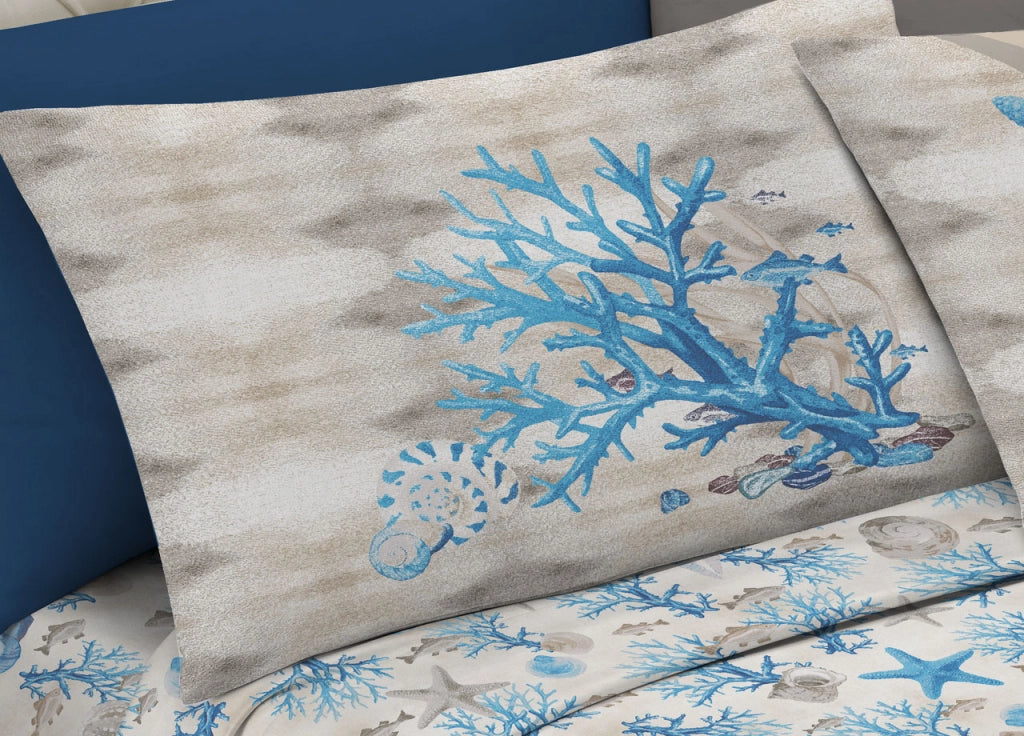 Completo Lenzuola Letto Pensieri Delicati 100% Cotone Dis. Marina New - Singolo - Azzurro