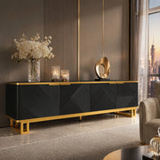 Mobile TV geometrico con quattro ante, struttura in MDF e telaio in ferro, 160 x 37,5 x 48 cm, nero