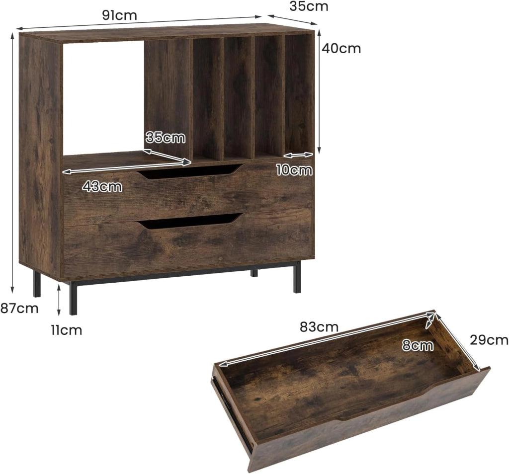 Supporto per giradischi, in vinile con scomparti aperti, 4 divisori, gambe in metallo e cassetto, supporto per dischi in legno, per sala musica e soggiorno (marrone)
