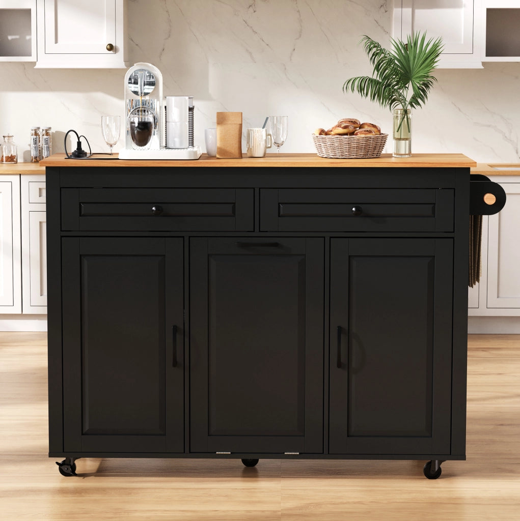 Isola da cucina mobile con piano estraibile; prese USB e Type-C; vano rifiuti; MDF nero
