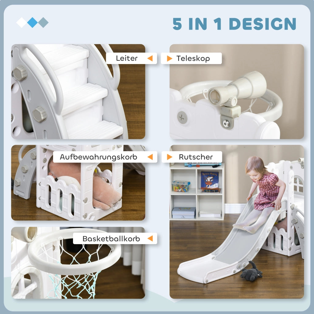 Scivolo per bambini 5 in 1 con canestro e struttura di arrampicata telescopica ¨C Xylo ¨C Grigio 70x177x92cm