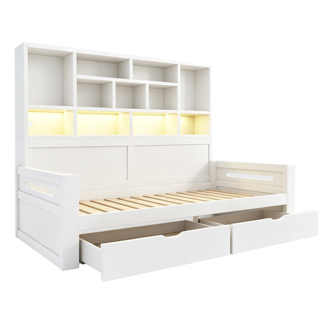 Letto singolo multifunzione 90x200 cm con armadio aperto; cassetti; LED; USB e vani portaoggetti; legno bianco