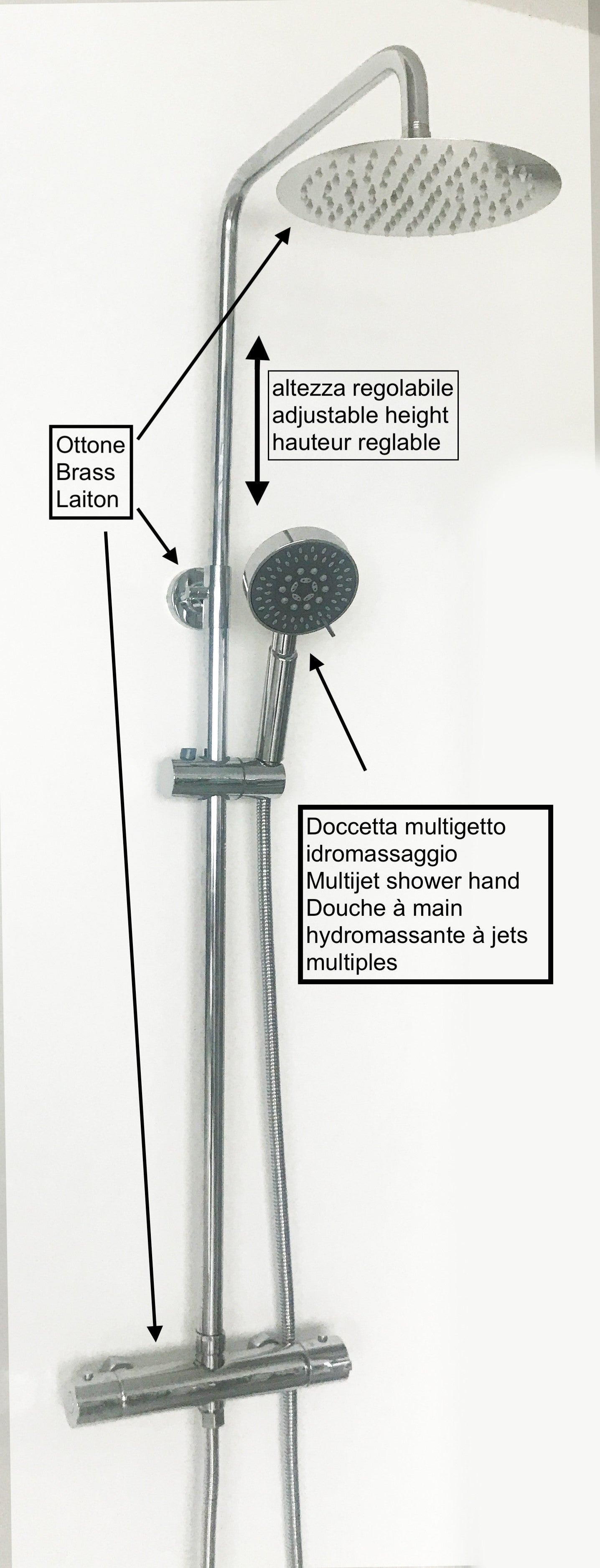 Colonna doccia regolabile in ottone cromata tonda idromassaggio, completa