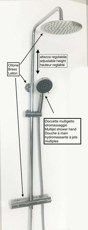 Colonna doccia regolabile in ottone cromata tonda idromassaggio, completa