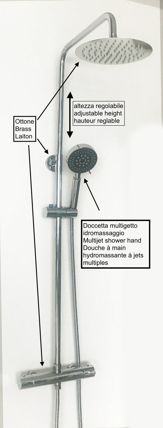 Colonna doccia regolabile in ottone cromata tonda idromassaggio, completa