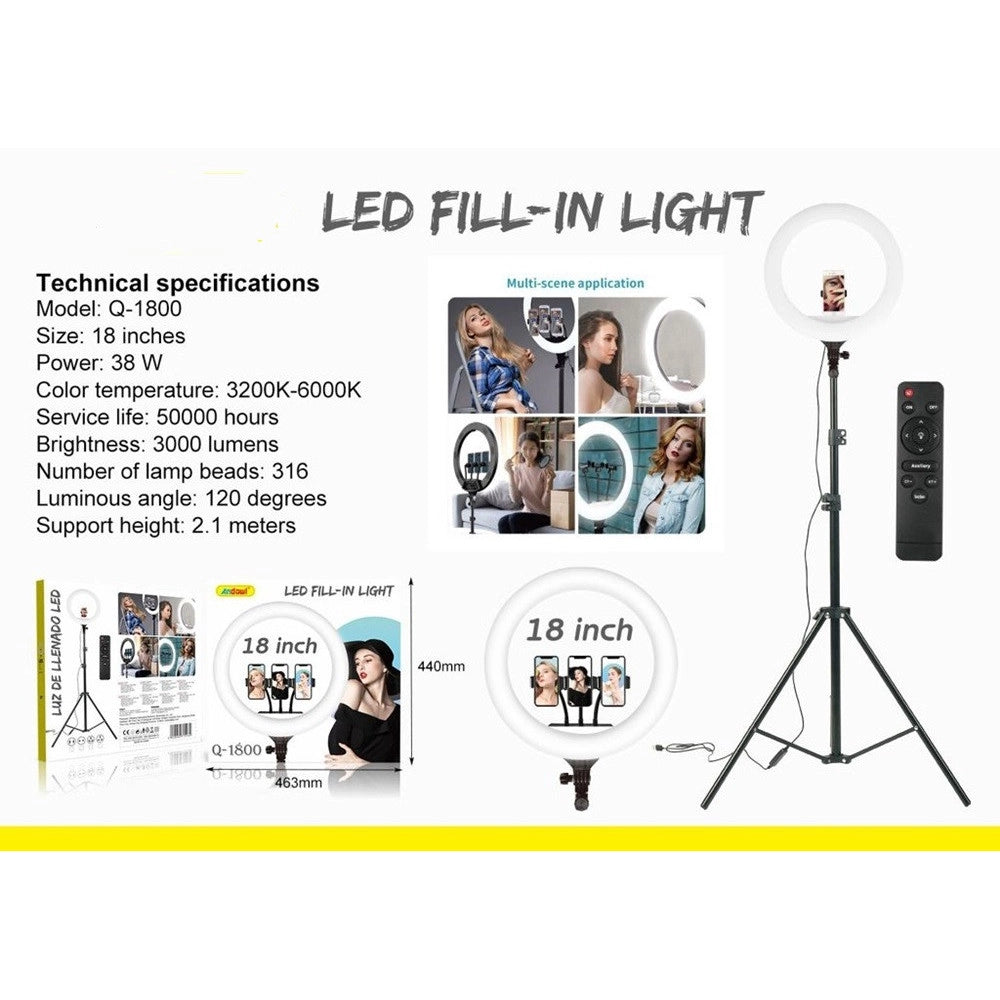 Trade Shop - Luce Ad Anello Led Con Staffa Treppiede Telecomando Supporto Smartphone Foto Set Q-1800 -