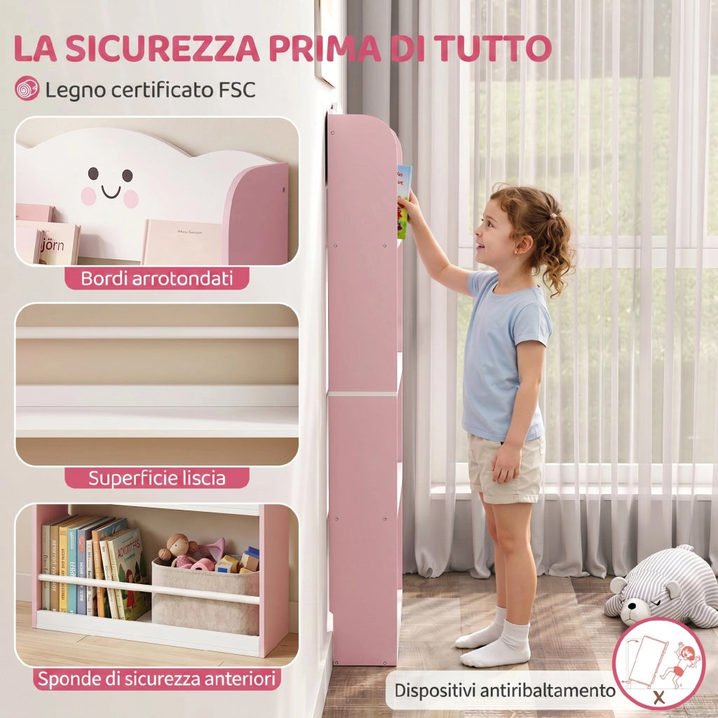 Libreria Montessoriana per Bambini 3-6 Anni 60x15x120,5 cm 4 Ripiani in Legno Rosa