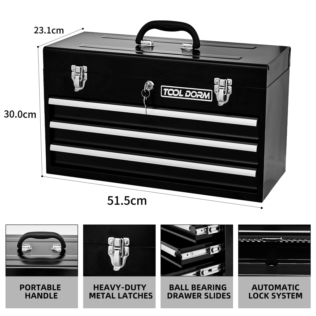 Baule da giardino in metallo con 4 cassetti, cassetto superiore e chiusure bloccabili nero 56,5 × 28 × 41 cm