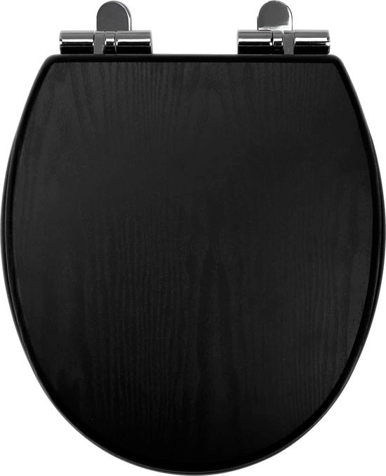 Braccio di toilette in legno nero, coperchio di toilette in legno con meccanismo soft-close, coperchio di toilette robusto con cardano in acciaio, braccio di toilette realizzato con MDF, braccio di toilette ovale.
