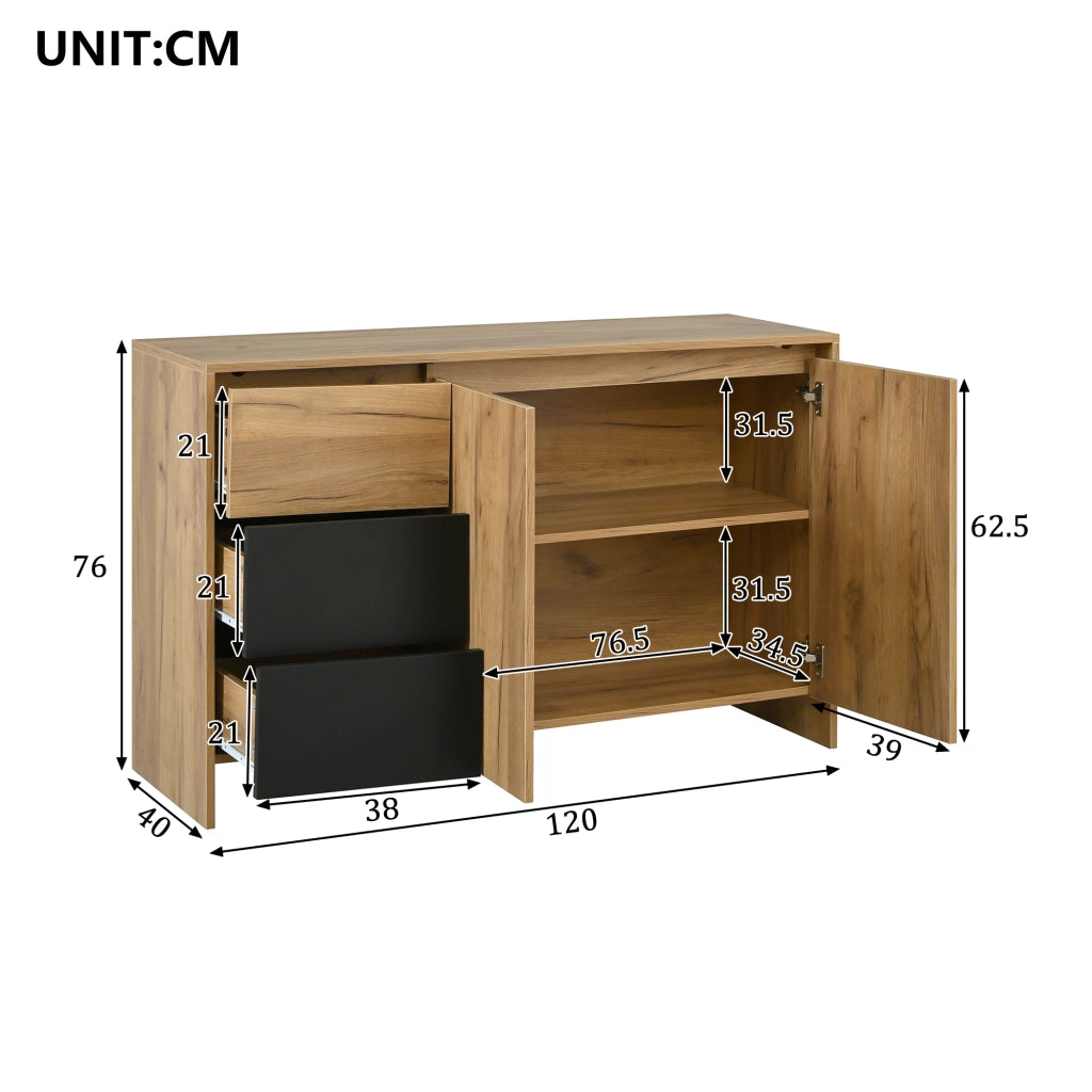 Cassettiera con Ante e LED ¨C MINIMAL ¨C Legno e Nero, 3 Cassetti, 120x76x40 cm
