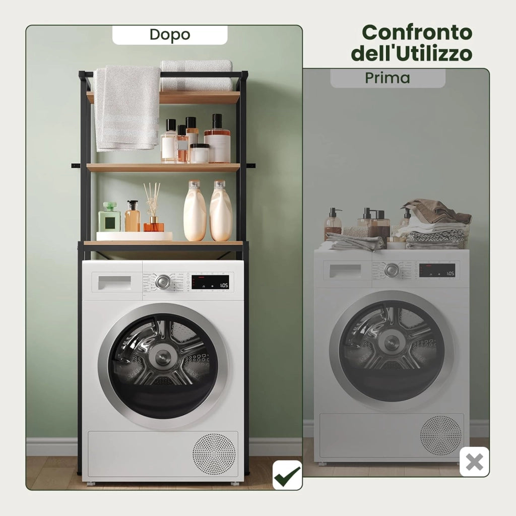 Scaffale sopra Lavatrice a 3 Livelli, Mobile sopra WC Autoportante con Asta di Sospensione, Mobile sopra Lavatrice per Bagno o Lavanderia, 67x40x162cm