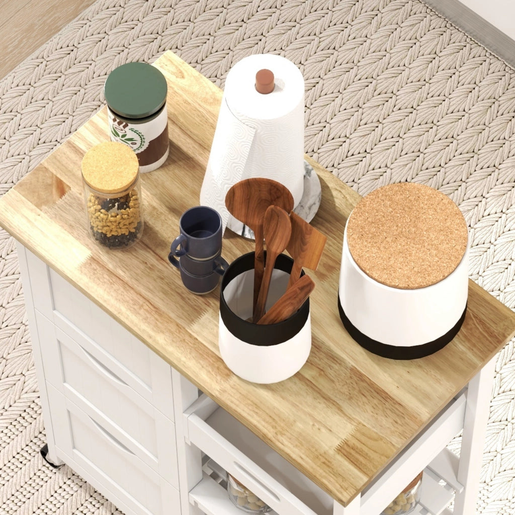 Carrello da Cucina con 3 Cassetti e 3 Ripiani Aperti ¨C Zephmum ¨C Legno Bianco 67x37x85.5 cm