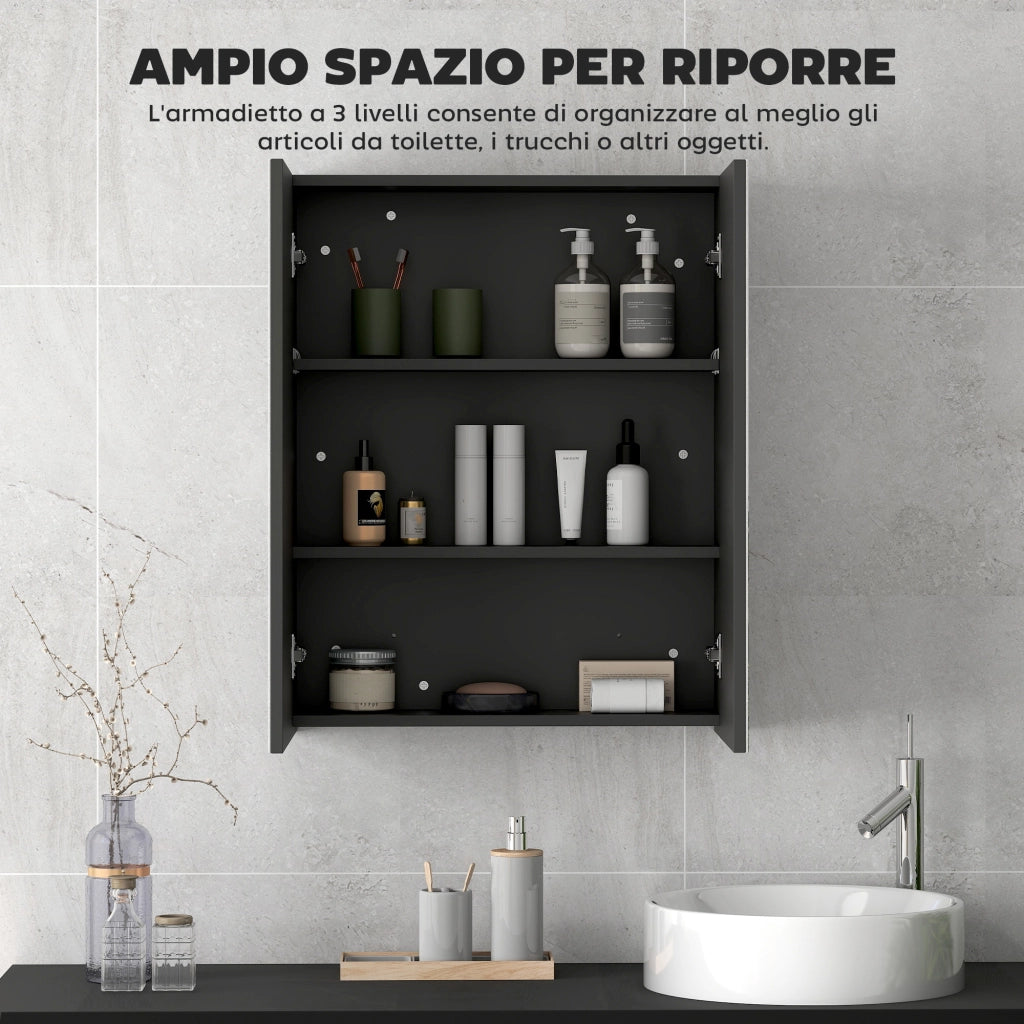 Armadietto Pensile Bagno 2 Ante con Specchiera e 2 Ripiani Interni in MDF, 60x15x75 cm, Nero