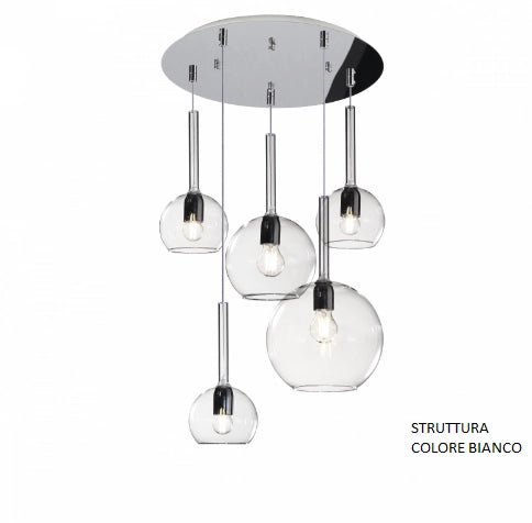 SOSP. BIANCO TONDA 5 LUCI VETRI (1 GRANDE+1 MEDIO+3 PICCOLO) TUTTI TRASPARENTE 1155BI-S5 TMIX-TR