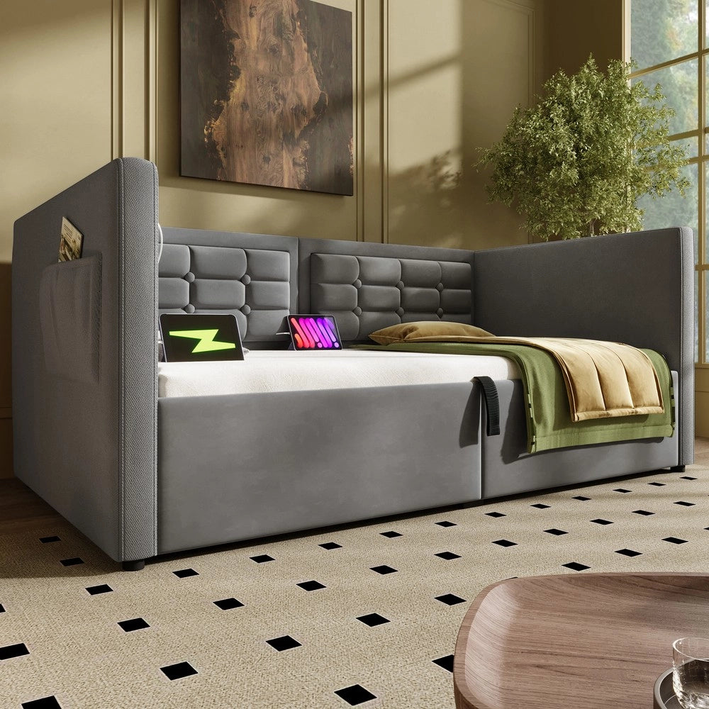 Letto Singolo Imbottito con Contenitore Idraulico ¨C MINIMAL ¨C Grigio, Velluto, 90x190