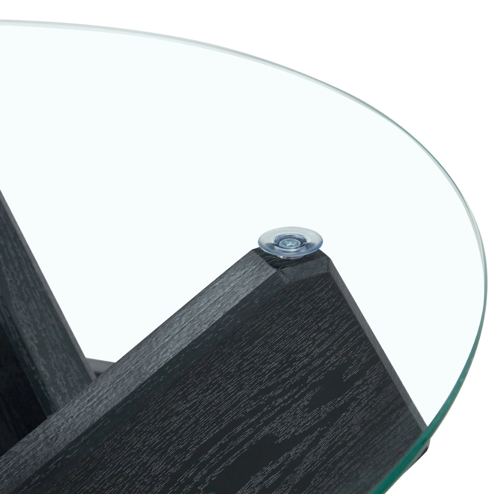 Tavolino rotondo in MDF e vetro con base a croce 79 cm nero effetto legno