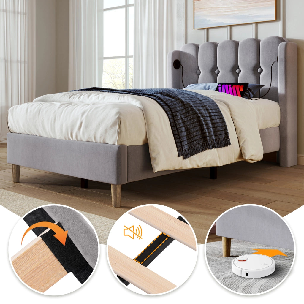 OKWISH Letto Singolo 1 Posto, USB e USB-C, 90 x 200 cm, Con Materasso, Testiera Imbottita, Grigio