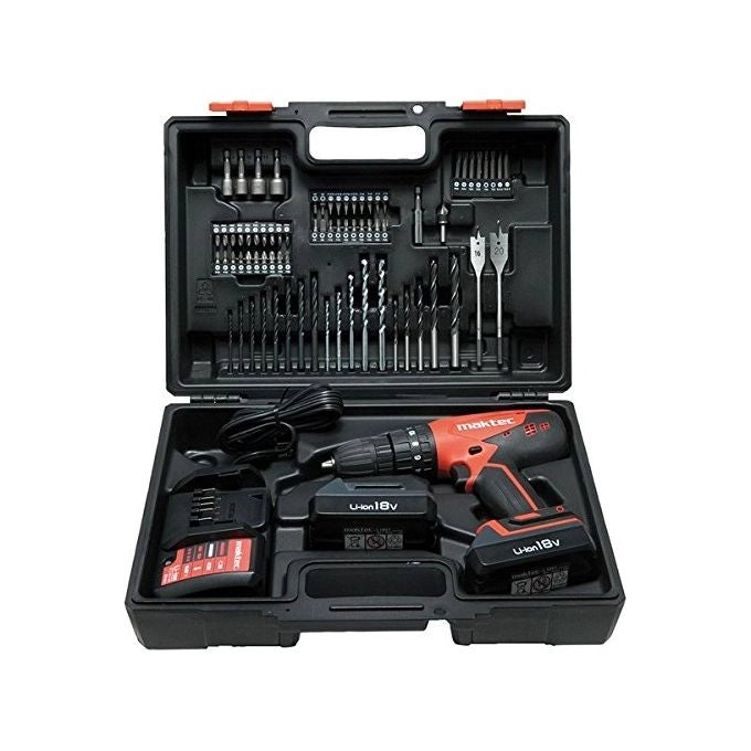 Makita 8951237 Maktec MT081X100 Trapano a Batteria con Percussione 18V Li-ion Mandrino Autoserrante 13 mm 2 Batterie 1,3 Ah 74 Accessori in Valigetta colore Nero