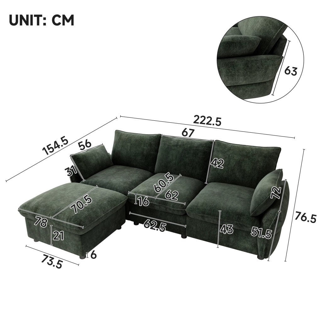Divano angolare con pouf e 2 cuscini in ciniglia per soggiorno e appartamento verde scuro 222,5 × 154,5 × 76,5 cm
