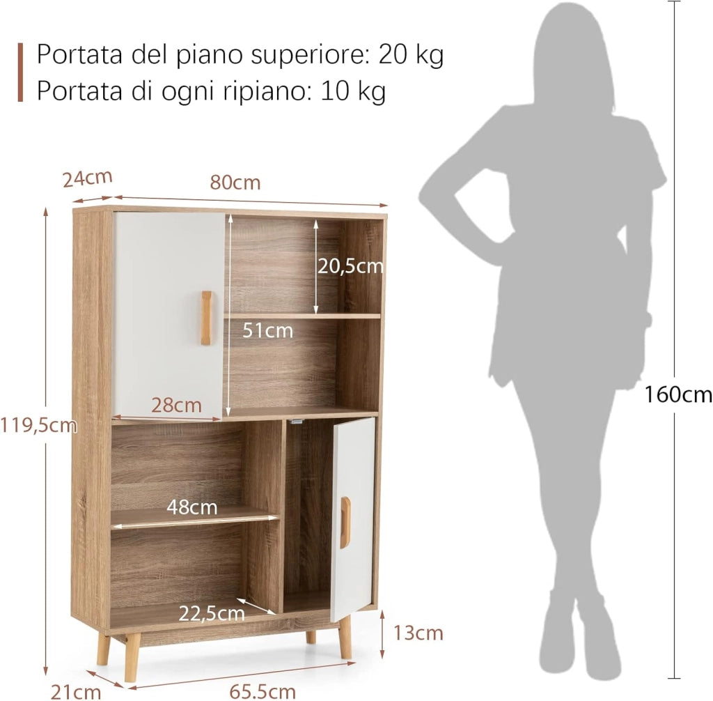 Libreria di Legno a 4 Livelli, Libreria con 2 Ante, 4 Mensole Aperte, Gambe in Legno di Gomma, Cuscinetti Antigraffio e Dispositivo Antiribaltamento, 80 x 24 x 119,5 cm (Bianco)