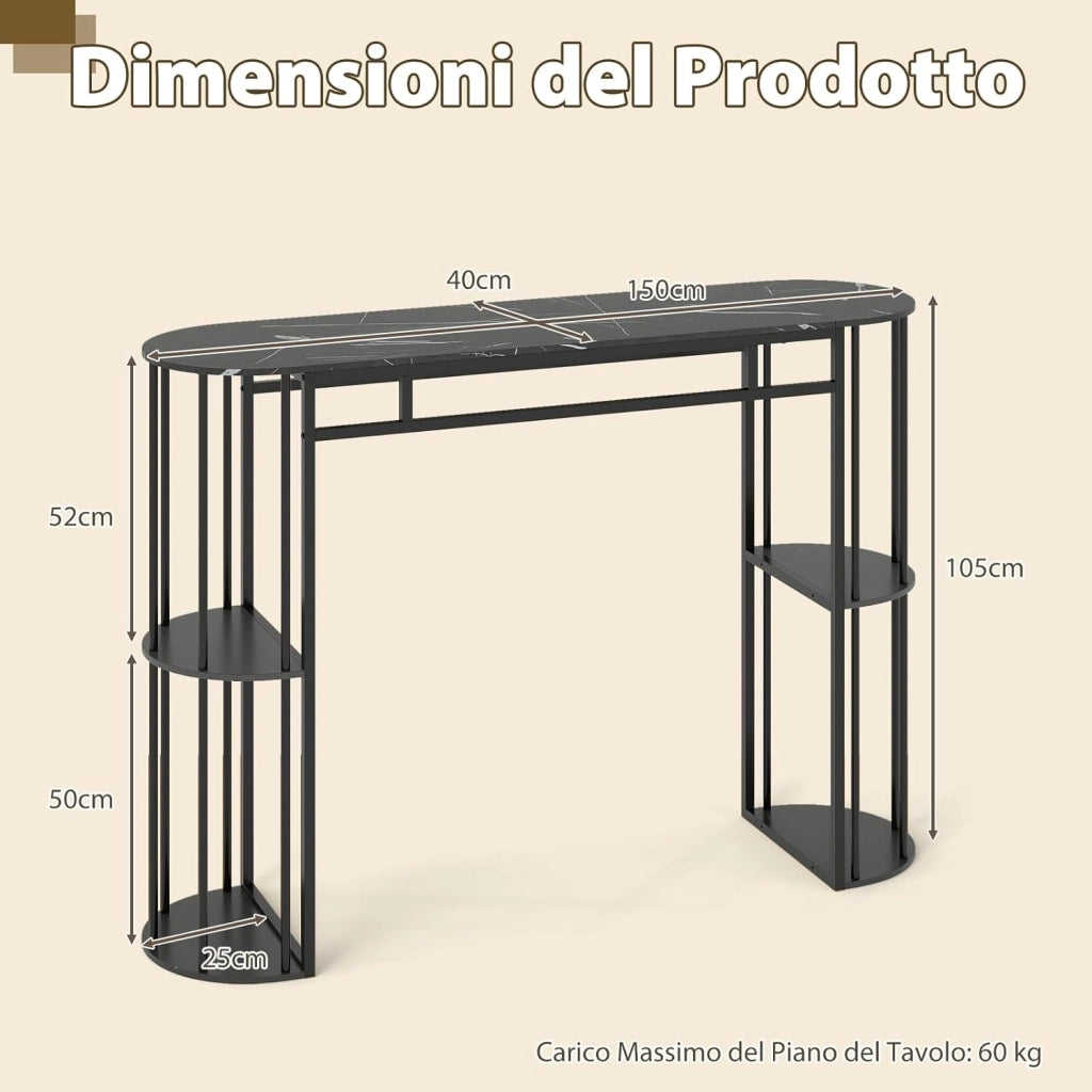 Tavolo da Bar Alto, Tavolino da Cucina Moderno con Piano in Finto Marmo, 4 Ripiani Laterali e Struttura in Metallo, Bancone Cucina da Casa per Soggiorno e Sala da Pranzo (Grigio)
