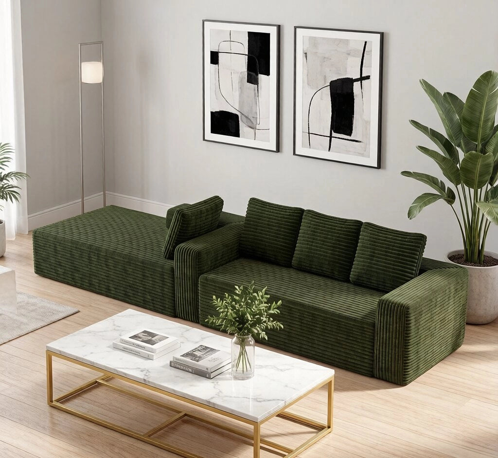 Divano modulare a L con chaise longue reversibile; verde; 104x36x36 cm