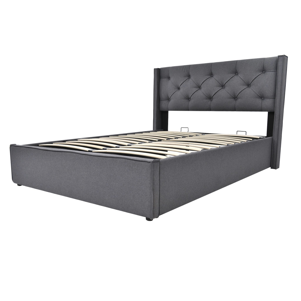 OKWISH Letto Contenitore 160×200 cm, Letto Matrimoniale con Testiera Imbottita, Vano Contenitore, senza Materasso, in Cotone, Grigio