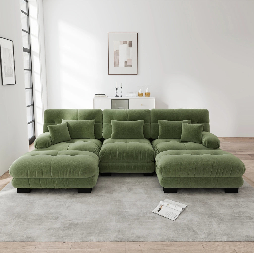 Divano modulare angolare U con ottomane; seduta profonda; chenille verde