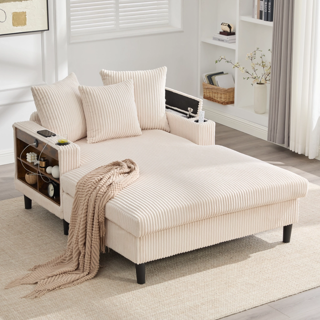 CHAISELONGUE 129x170x70 cm in velluto a coste beige con LED, USB e contenitore