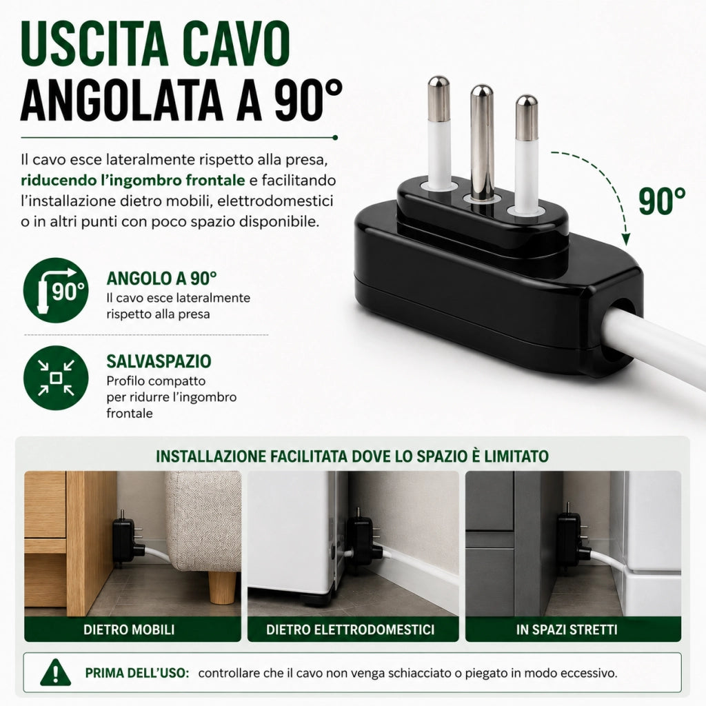 4 Spine Elettriche Ultrapiatte 90° 2P+T 16A 250V Salvaspazio 1027AN