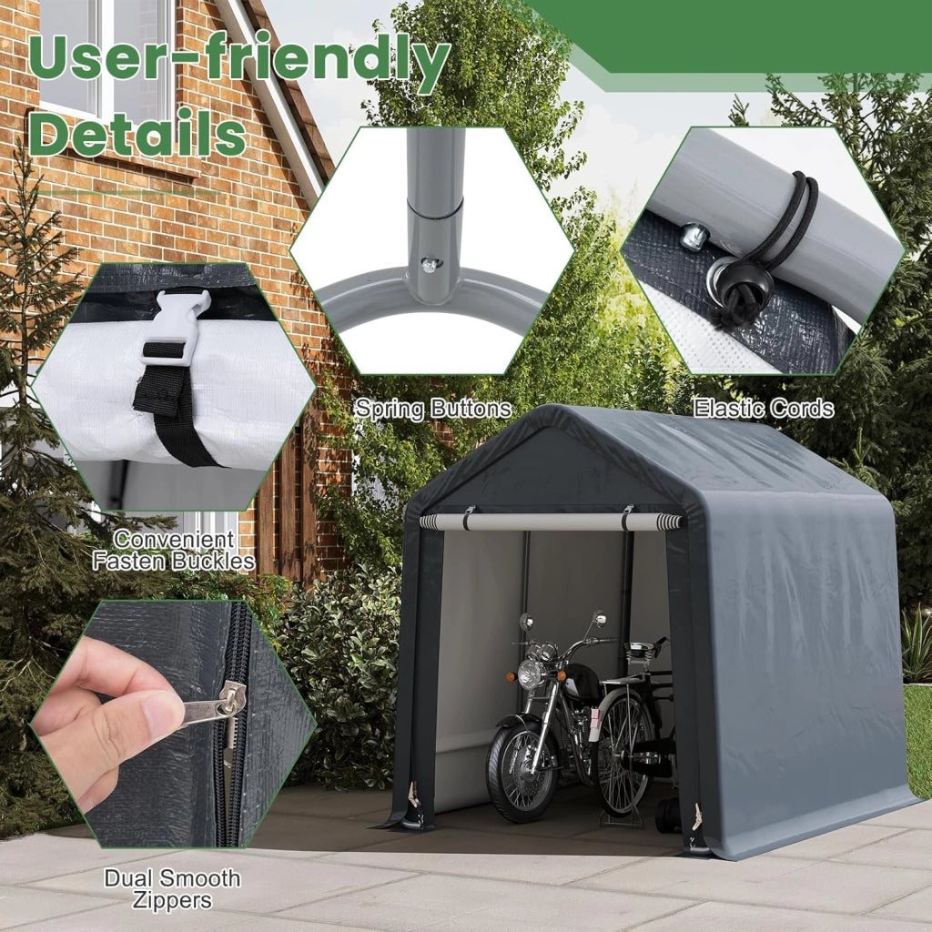 Capanno da Giardino 195 X 240 X 214 CM, Tenda Garage per Bici Moto Attrezzi, con Copertura en PE Impermeabile, Porta con Cerniera, Telaio in Metallo, Picchetti, per Esterno, Grigio