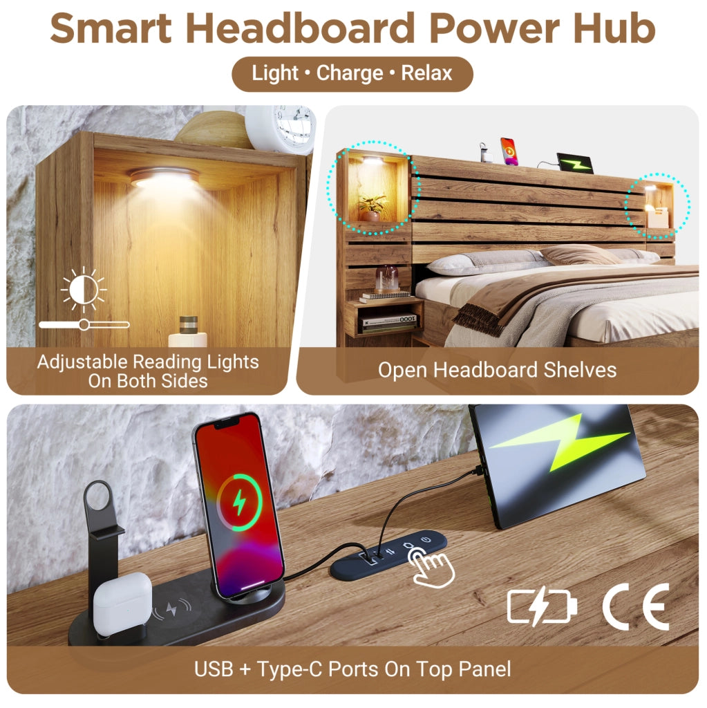 Letto matrimoniale 180x200 cm con LED; porte USB e Type-C; contenitore; effetto rovere