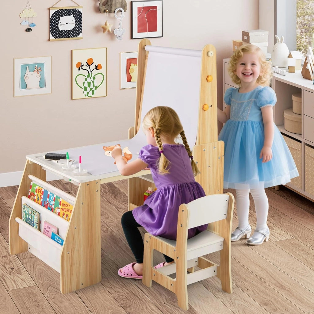 Set Tavolo e Sedia per Bambini, Tavolo in Materiale Sicuro con Lavagna e Sedia, Lavagna Bianca, Rotolo di Carta, 2 Ripiani Aperti e Libreria a 2 Ripiani, Ideale per Disegno (Naturale)
