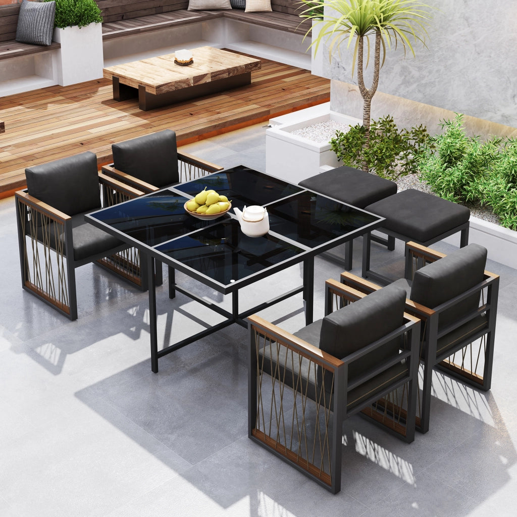 Set da pranzo esterno 7 pezzi per 6 persone, tavolo in vetro temperato con braccioli in plastica e legno, ideale per giardino e terrazza