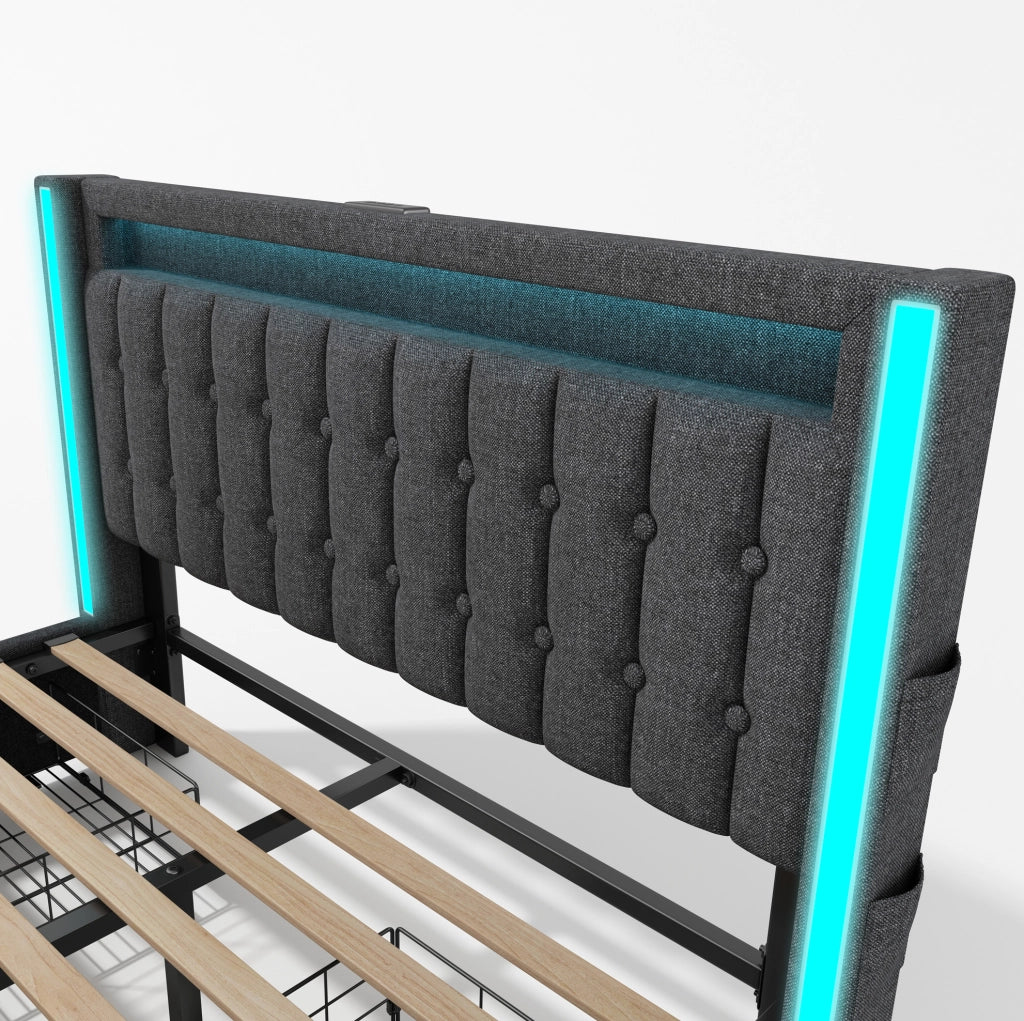 Letto 140x200 cm con LED; USB C e 4 cassetti; lino grigio