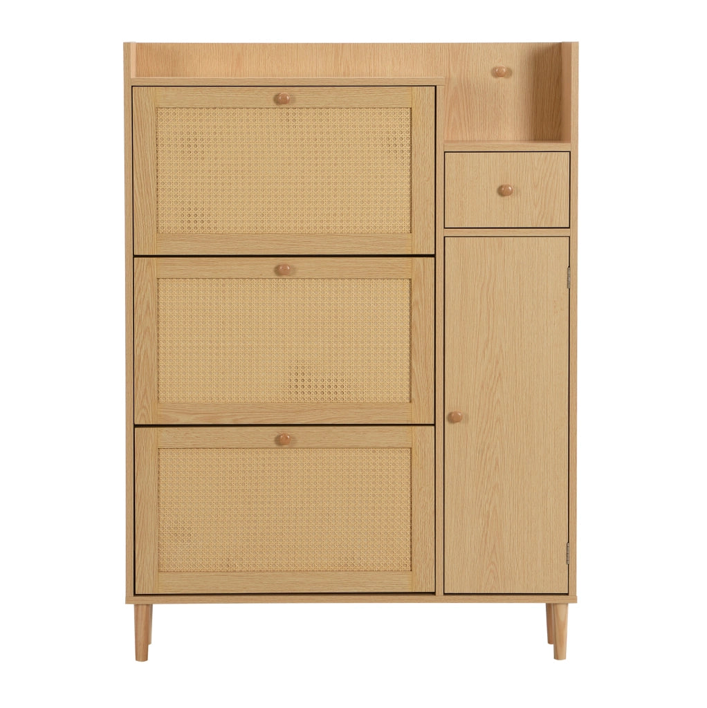 Scarpiera salvaspazio con 3 ante a ribalta e cassetto; 90x125x17 cm; naturale; in MDF e legno massello