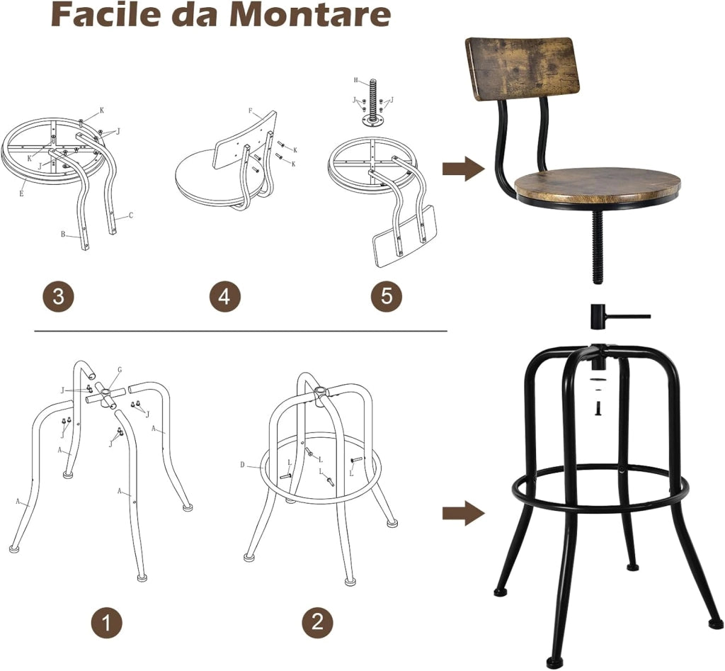 Set di 2 Sgabelli da Bar, Sgabello Girevole con Schienale Staccabile e Poggiapiedi, Altezza Regolabile da 69-76 cm, per Casa Cucina Bar