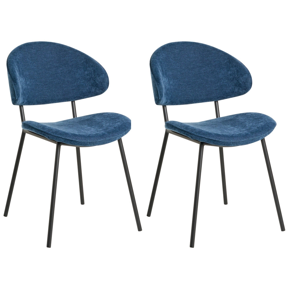 Set di 2 sedie da pranzo Rivestimento in tessuto blu scuro Gambe in metallo nero Senza braccioli Schienale curvo Design moderno e contemporaneo