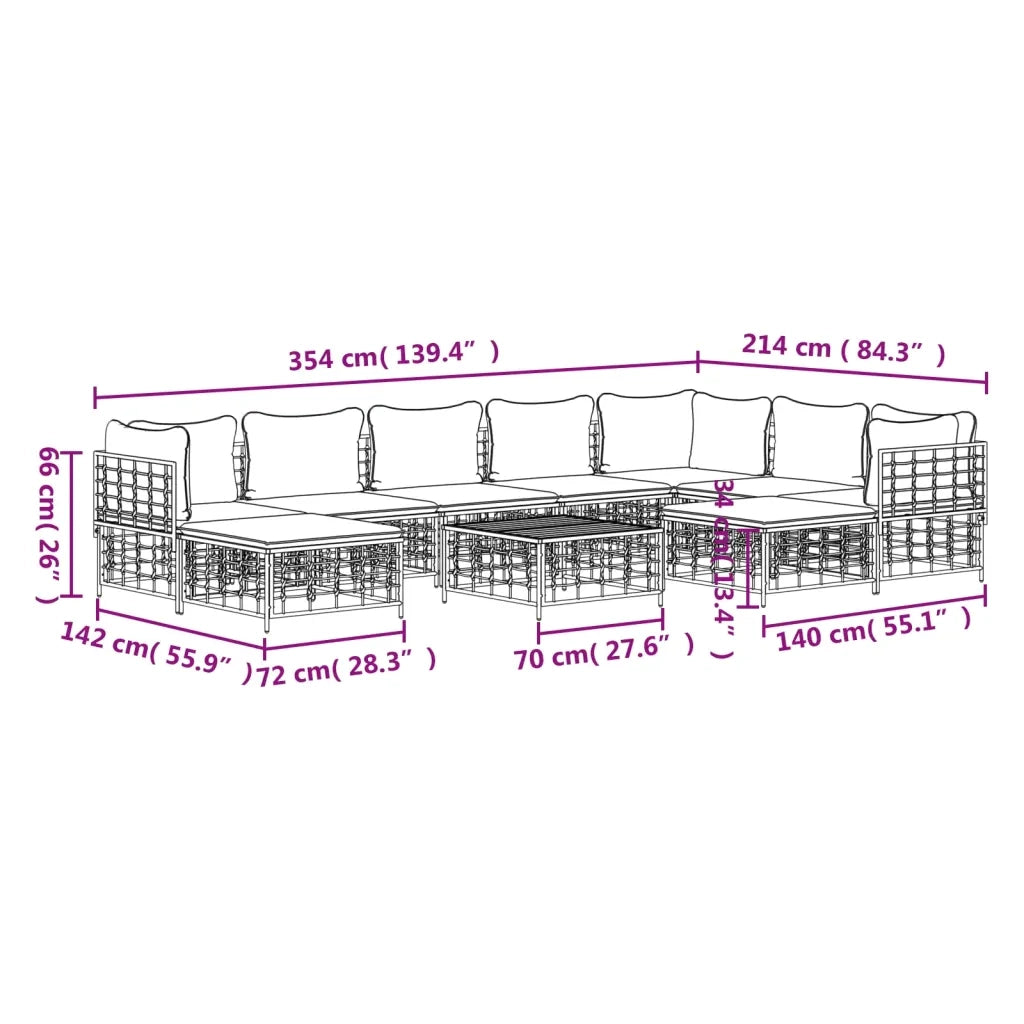 Set Divani da Giardino 10pz con Cuscini Antracite in Polyrattan 3186809