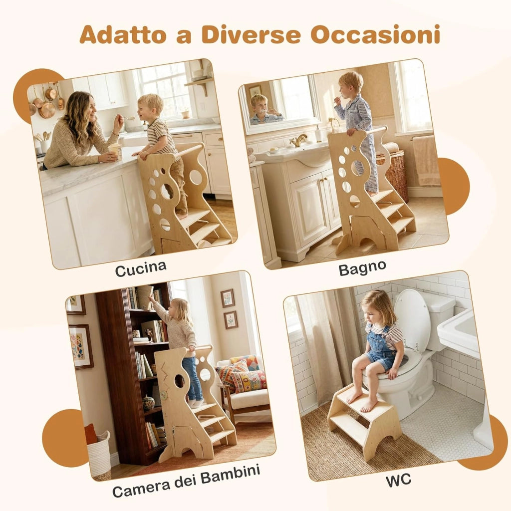 Torretta Montessoriana 2 in 1 in Legno, Torre di Apprendimento con Barre di Sicurezza Rimovibili e Sgabello a 2 Gradini, Set Versatile con Giochi Sensoriali per Bambini 3+ Anni