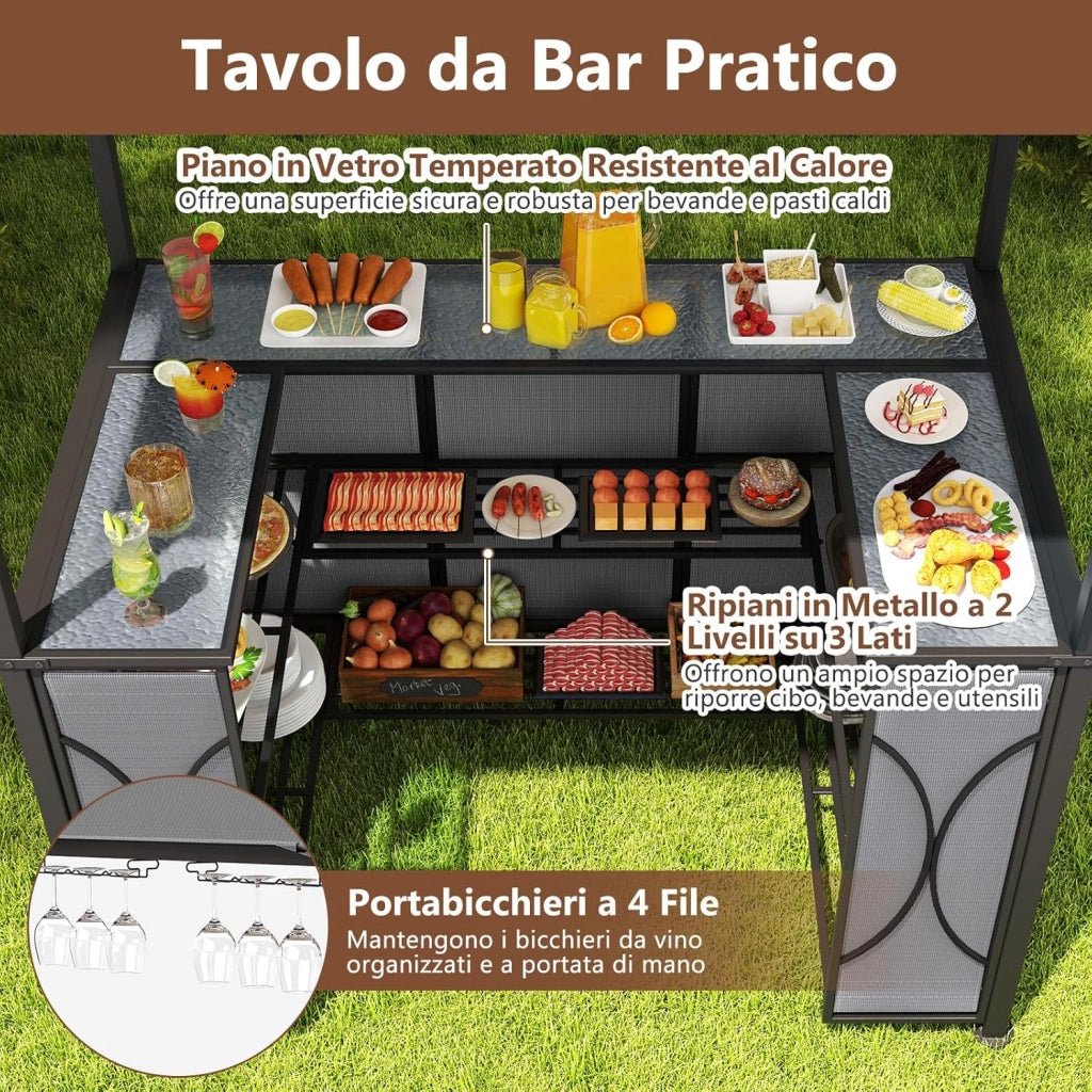 Set Bar da Patio a 3 Pezzi, Gazebo per Griglia e 2 Sgabelli da Bar con Tavolo in Vetro Temperato, Ripiani in Metallo, Portabicchieri, per Giardino Cortile e Spiaggia (Grigio)