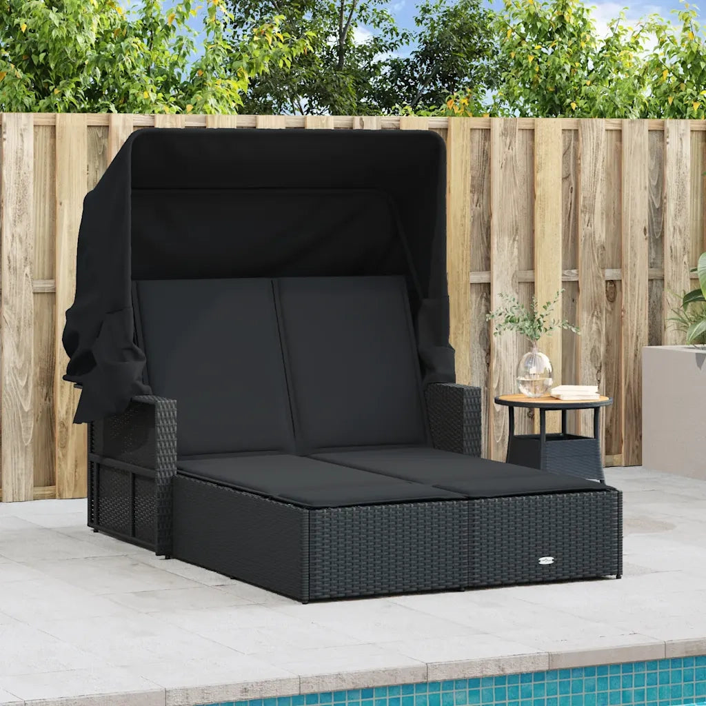 Lettino Prendisole Doppio Baldacchino e Cuscini Nero Polyrattan 365807