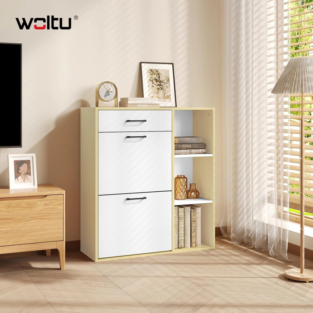 Scarpiera a Ribalta, Scarpiera da ingresso con Ripiani Aperti, Porta Scarpe con Cassetto, Organizer per Scarpe, Stivali, Bianco + legno naturale, 80x30x90cm
