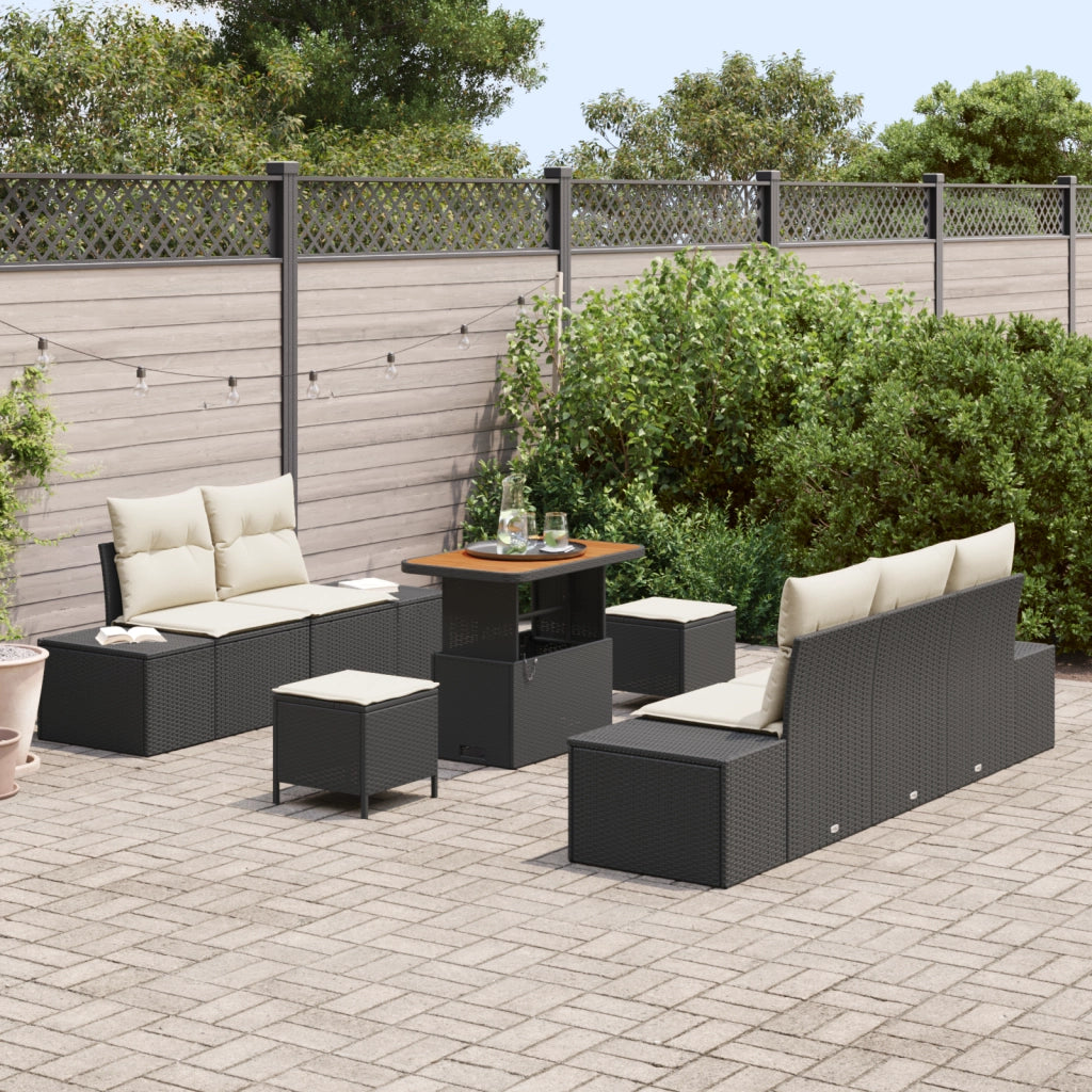 Set divano giardino 8 pezzi con cuscini Rattan nero Acacia