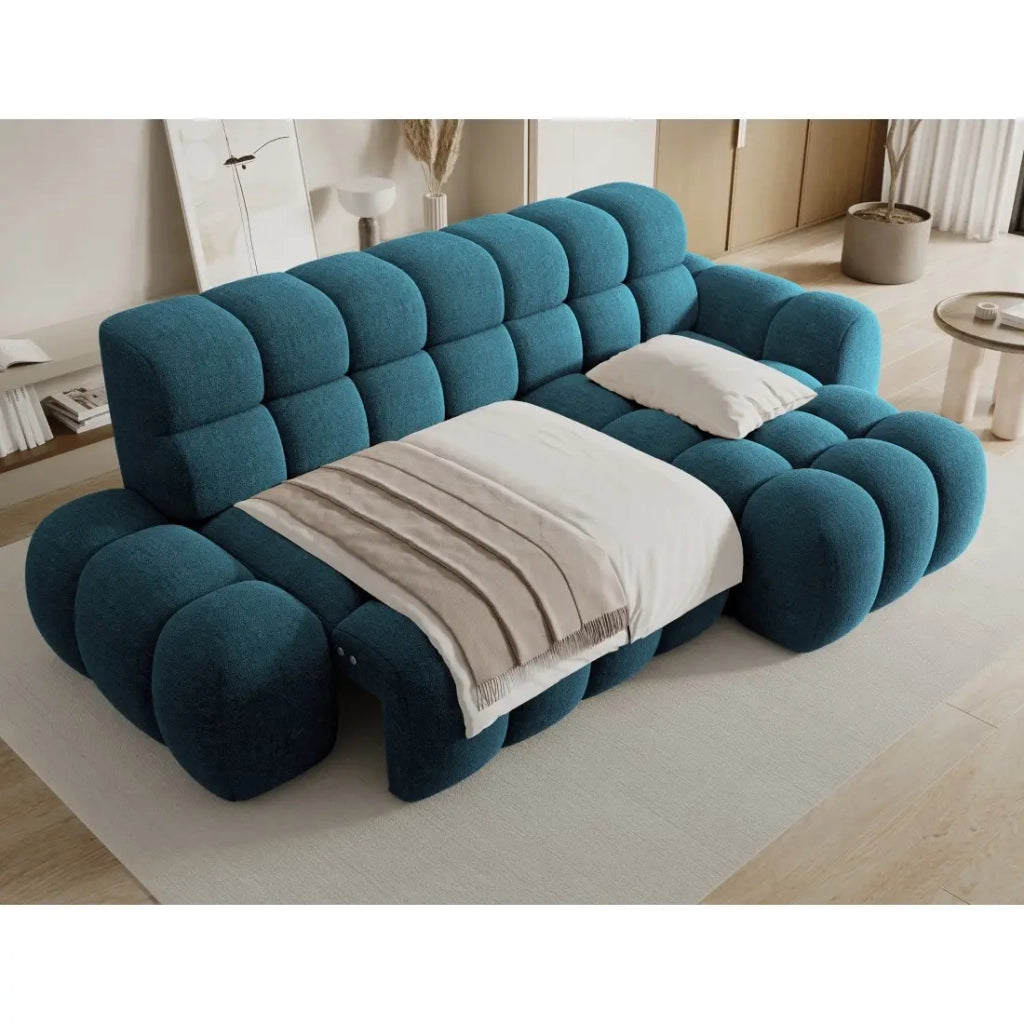 Divano ad angolo convertibile BULLA 3 posti blu angolo sinistro - tessuto bouclé con estensione della seduta elettrica