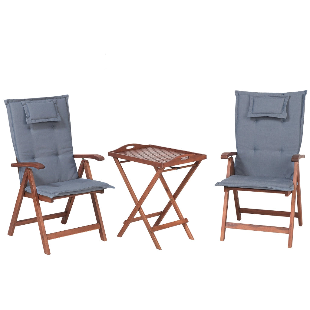 Set da bistrot da giardino in legno di acacia chiaro tavolo 2 sedie con cuscini blu schienale regolabile pieghevole stile rustico