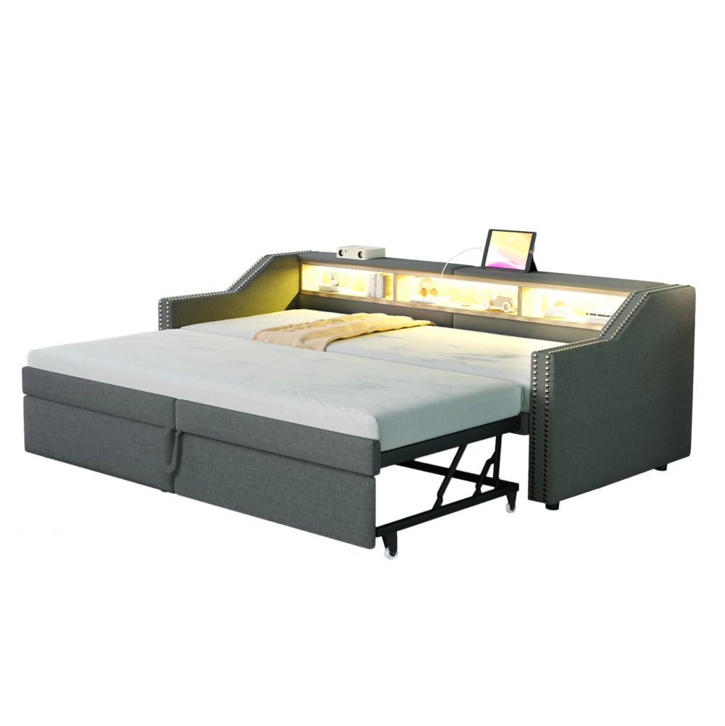 Divano letto imbottito estraibile 90/180 x 200 cm in tessuto effetto lino; grigio scuro