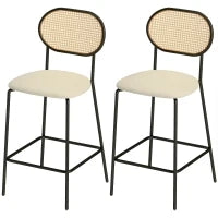 Set di 2 Sgabelli Alti da Cucina con Schienale in Rattan Seduta in PU Struttura in Acciaio e Poggiapiedi Beige